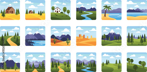 Flat nature landscape vector icon set featuring mountains forests deserts beaches and cabins for outdoor travel adventure and environment design themes.