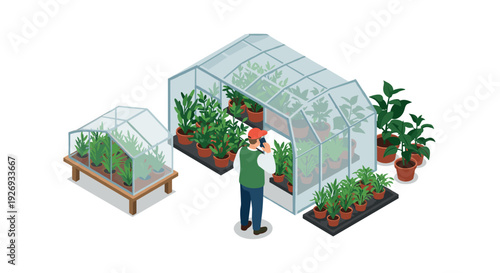 man standing by glass greenhouses with potted plants in isometric style gardening and agriculture concept