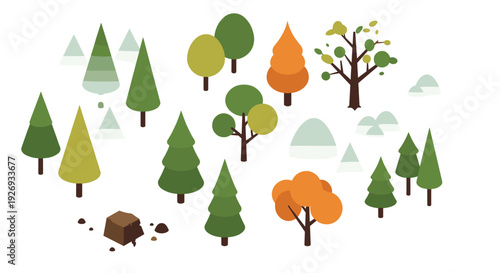 collection of colorful forest trees and tree stump flat design set for nature and autumn illustration