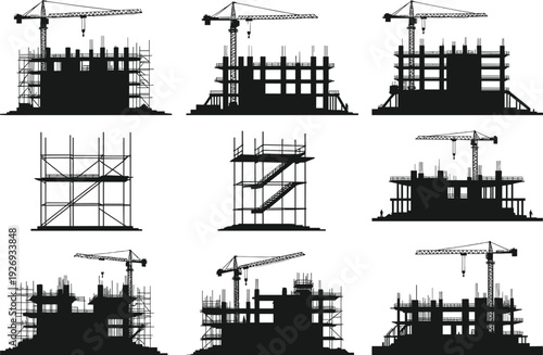 Building construction silhouette vector set, tower cranes scaffolding frameworks and high rise structures isolated black collection on white background