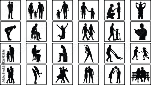 Set of family life silhouettes in square frames, black vector illustration isolated on white background showing parenting, love, activity and relationships.