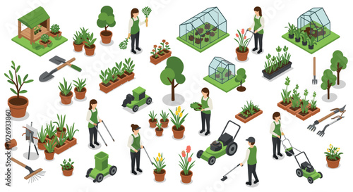 isometric gardening tools plants and gardeners collection in flat style for agriculture and horticulture design