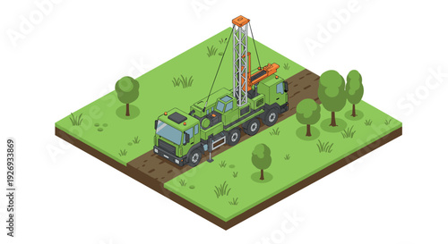 isometric drilling truck on a dirt road with trees hand drawn illustration for construction and industry