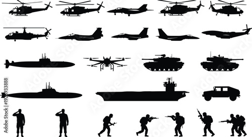 Military silhouettes collection, helicopters, fighter jets, tanks, submarines, aircraft carrier, drones, vehicles and soldiers vector isolated on white background