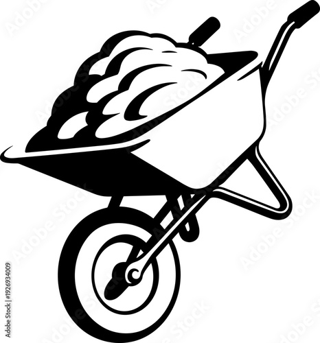 Versatile Wheelbarrow Full of Soil Vector Icon: Ideal for Construction, Landscaping, Gardening, and Home Renovation Projects. High-Quality Silhouette for Work, Labor, and DIY Themes.