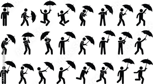Set of umbrella holding people silhouettes in various poses, black vector icon collection isolated on white background for weather and rain concept.