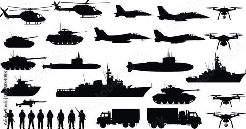 Military vehicle and weapon silhouettes set with helicopters fighter jets tanks submarines warships drones trucks and soldiers isolated on white background
