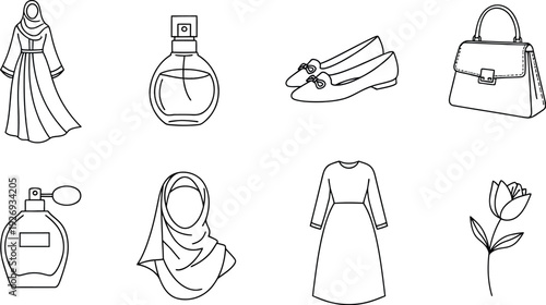 Elegant set of minimalist line art icons representing essential modest fashion accessories including clothing perfume footwear and handbag designs