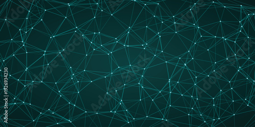 Teal abstract network of interconnected nodes and lines forming a complex geometric web on a dark teal background