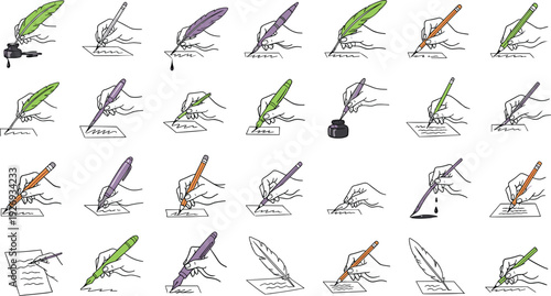 Hand writing icon set featuring human hands holding quill feathers, pencils, fountain pens, and inkwells for vintage calligraphy and stationary design.