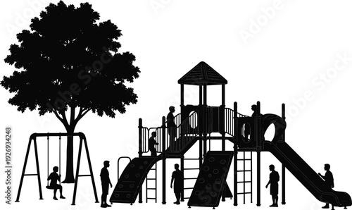 Children playground silhouette vector illustration, kids playing on outdoor park equipment with slides and swings isolated on white background for recreation design