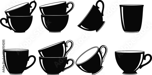 Teacup silhouette icons, mug design symbols, vector illustration, black art, minimal layout, beverage graphics