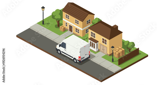 isometric suburban neighborhood scene with delivery van and houses in vector style