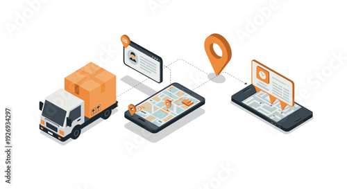 isometric delivery truck with smartphones showing package tracking and location map technology