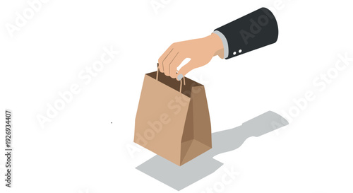 hand holding a paper shopping bag in flat vector style with business sleeve