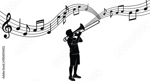 Silhouette of boy playing trombone with flowing musical notes and staff, black vector illustration isolated on white background for jazz music concept.
