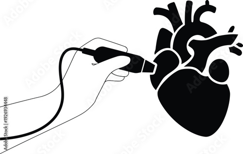 Medical ultrasound probe being used to examine a human heart silhouette