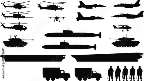 Military vehicles silhouettes set, helicopters, fighter jets, tanks, submarines, aircraft carriers, trucks and soldiers vector isolated on white background