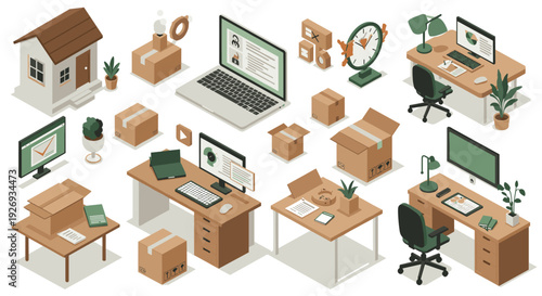 isometric home office and delivery concept with desks computers laptops packaging and work supplies hand drawn style