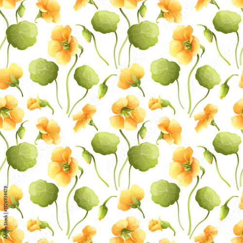 Seamless floral pattern with yellow nasturtium flowers and green leaves on white background. Botanical vector illustration for textile and wallpaper design.