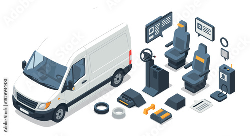 isometric white delivery van with interior seats steering wheel and vehicle console parts