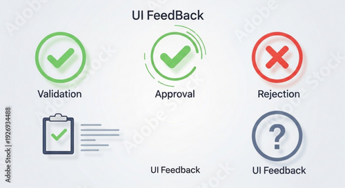 A vector graphic illustrating UI feedback icons for validation, approval, rejection, and question, used in user interface design
