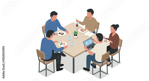 isometric group of people eating lunch together with laptop on table minimal flat style illustration