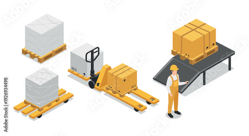 isometric warehouse worker with pallet trucks and stacked cardboard boxes in flat style