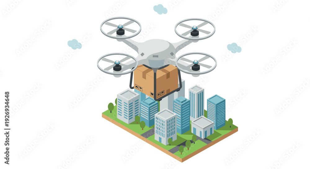 Fototapeta premium drone carrying cardboard box over city buildings isometric delivery and logistics concept