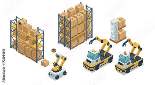 isometric warehouse shelving with robotic arms and automated forklifts handling cardboard boxes in modern logistics