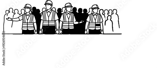 Group of people wearing safety vests and hard hats, some directing