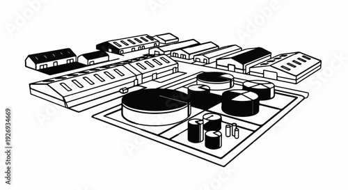 Industrial complex with storage tanks and manufacturing buildings