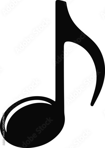 A simple black eighth note symbol isolated on a clean white background representing music