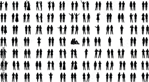 People silhouettes mega collection, men and women standing couples groups, social interaction poses vector isolated on white background illustration set
