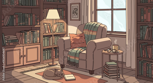 Cozy illustration depicting a serene reading nook with a sleeping cat, warm light, and inviting armchair