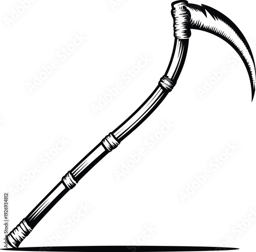 Vintage sickle hand tool illustration, farming agriculture symbol, black and white engraved vector, traditional harvest equipment design isolated
