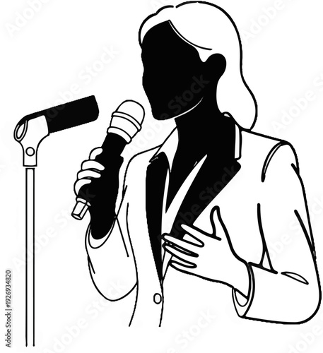 Silhouette of a person speaking into a microphone with hand gesture