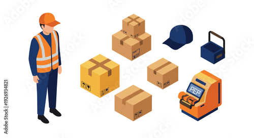 isometric delivery worker with cardboard boxes packaging machine cap and cooler box set in flat style