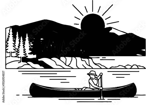 Silhouette of a lone paddler in a canoe on a serene lake at sunrise