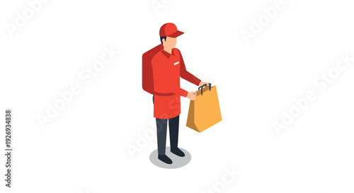 delivery man holding shopping bag in flat isometric style online food or product courier illustration