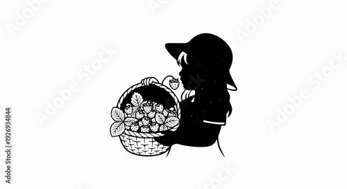 Silhouette of a young girl in a hat carrying a basket full of strawberries