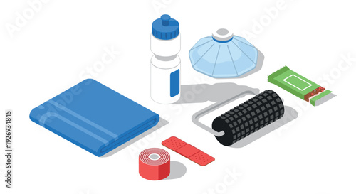 set of sports recovery and fitness accessories in isometric vector style