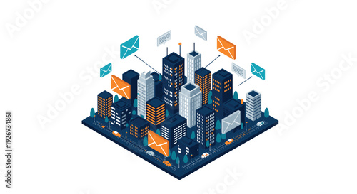 isometric cityscape with email message icons and communication concept in modern vector style