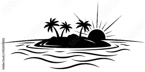 Silhouette of tropical island with palm trees and sun rising over ocean waves