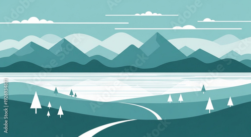 A serene landscape illustration featuring a winding road and trees in a minimalist style