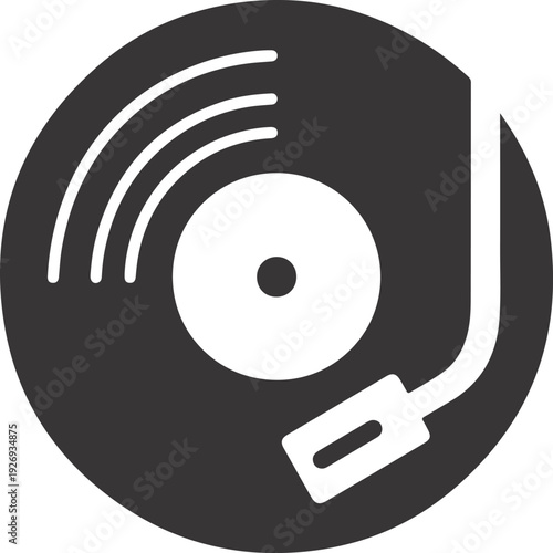 A simple graphic icon representing a vinyl record player with a stylus arm in motion