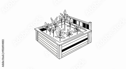 Simple line drawing of a raised garden bed filled with plants