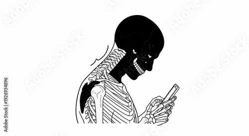 Skeleton engrossed in a smartphone, highlighting digital addiction