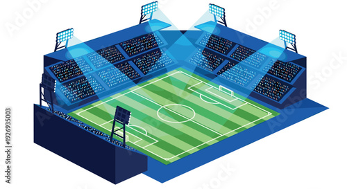 isometric soccer stadium with bright floodlights and crowded stands in digital illustration style
