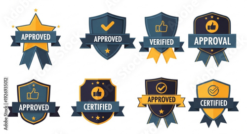 A set of vector graphic approval badges with checkmarks and ribbons in blue and yellow colors